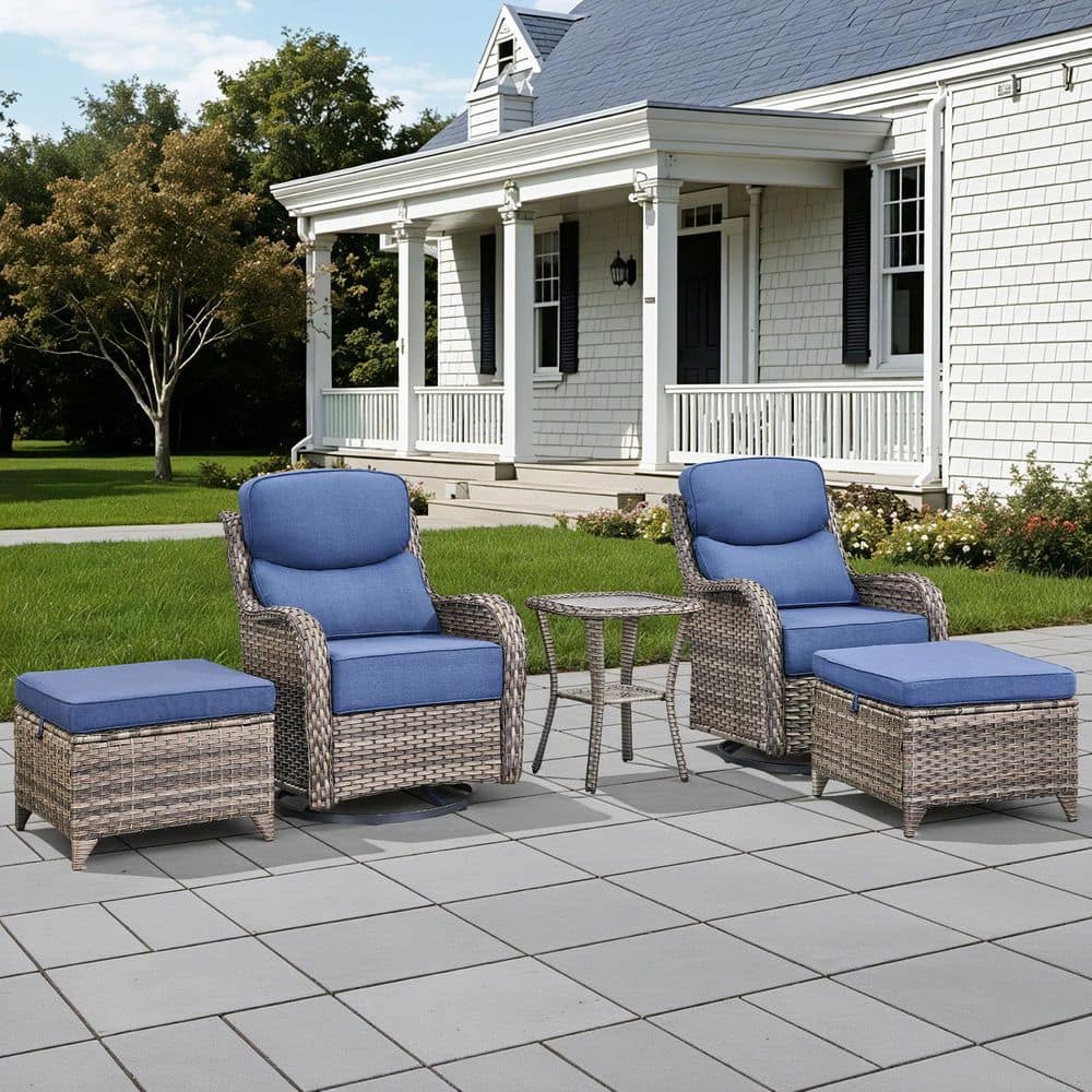 Holion Gray 5-Piece Wicker Patio Conversation Set Outdoor Swivel Rocker with 6 in. Thick Blue Cushions and Ottoman price history on PriceWatchPro