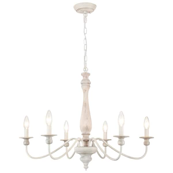 LWYTJO 6-Light Vintage Beige Farmhouse Wood Candle Chandelier French Country Style Pendant Light