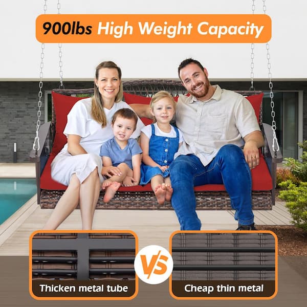 Zeus & Ruta 3-Seat Wicker Hanging Porch Swing Outdoor Patio Swing Chair Bench for Adult with Red Cushions and Cup Holder