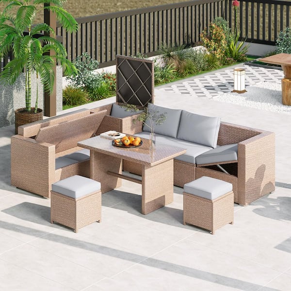 Natural 6-Piece Wicker Outdoor Sectional Set with Adjustable Seat, Storage Box and Gray Cushions