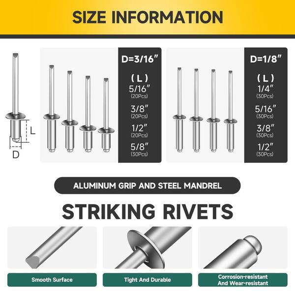 210-Piece Aluminum and Steel Blind Pop Rivet Assortment Kit (8 Sizes: 1/8 in. and 3/16 in. Diameter)