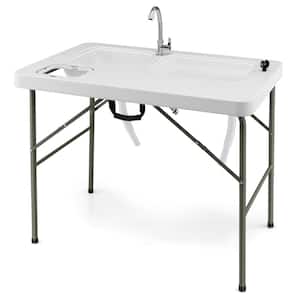 Folding White Metal Camping Table Portable Fish Cleaning Table with 2 Sink S and Holder and Measuring Mark