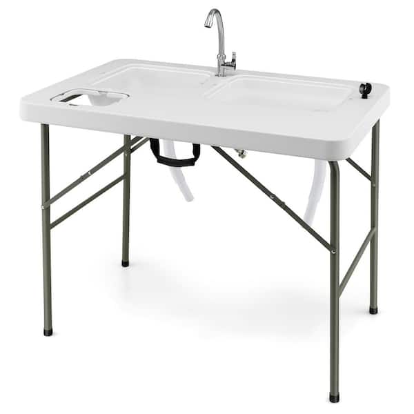 HONEY JOY Folding White Metal Camping Table Portable Fish Cleaning Table with  2 Sink S and Holder and Measuring Mark TOPB006510 - The Home Depot