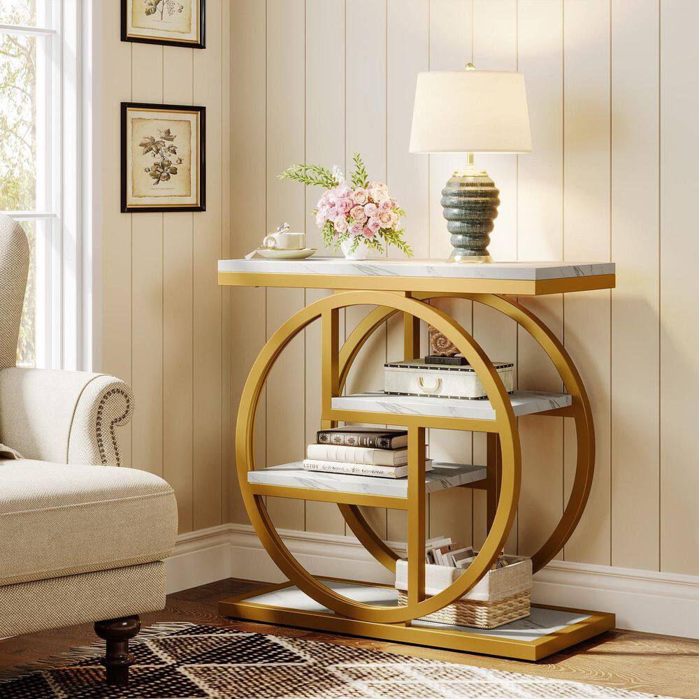 Yellow and white geometric end table by a window.