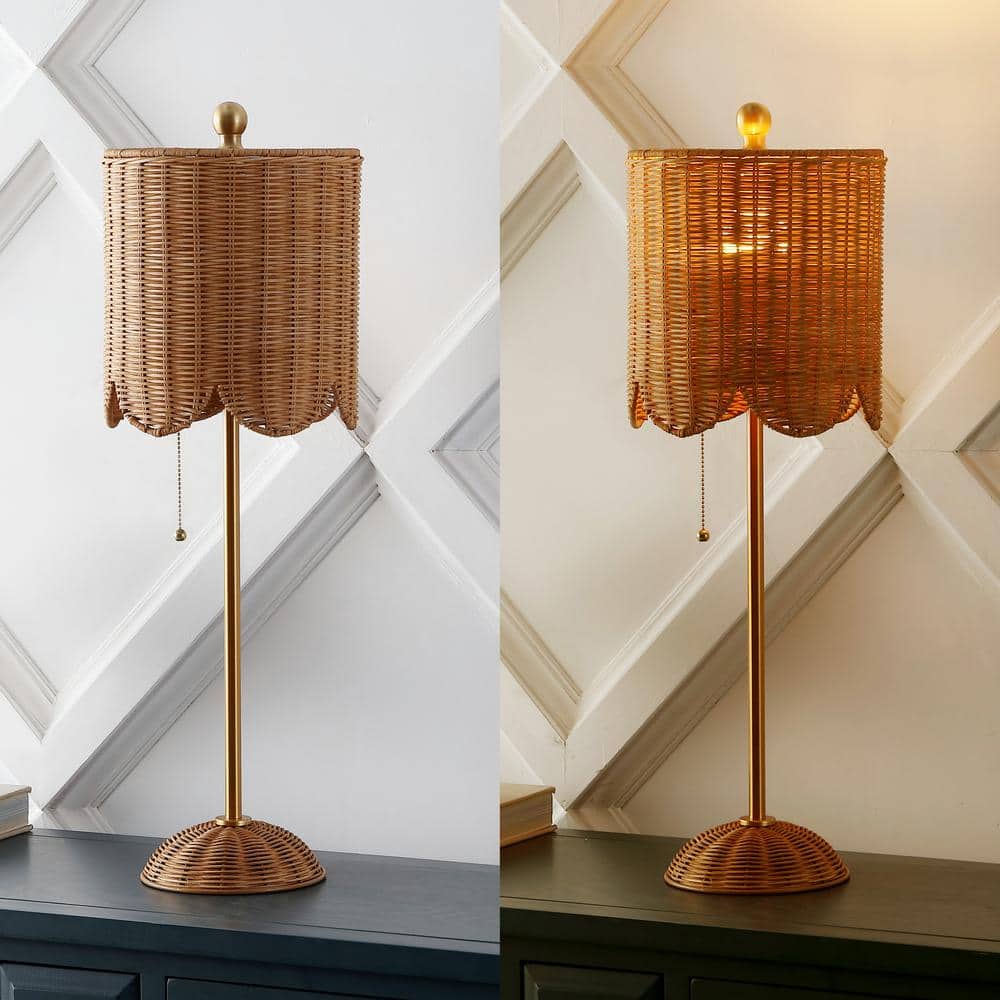 Celerie 27.5" Natural Rattan and Brass Gold LED Table Lamp Set
