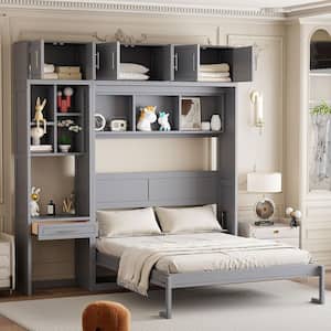 Harper & Bright Designs Wood Frame Queen Size Wall Murphy Bed with Desk, Top Cabinet and Storage Shelves (Gray)