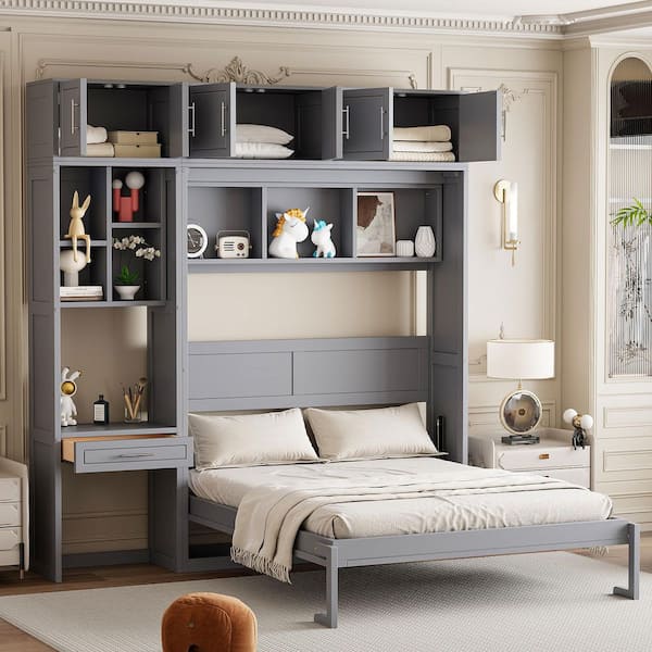 Gray Wood Frame Queen Size Wall Murphy Bed with Desk, Top Cabinet and Storage Shelves