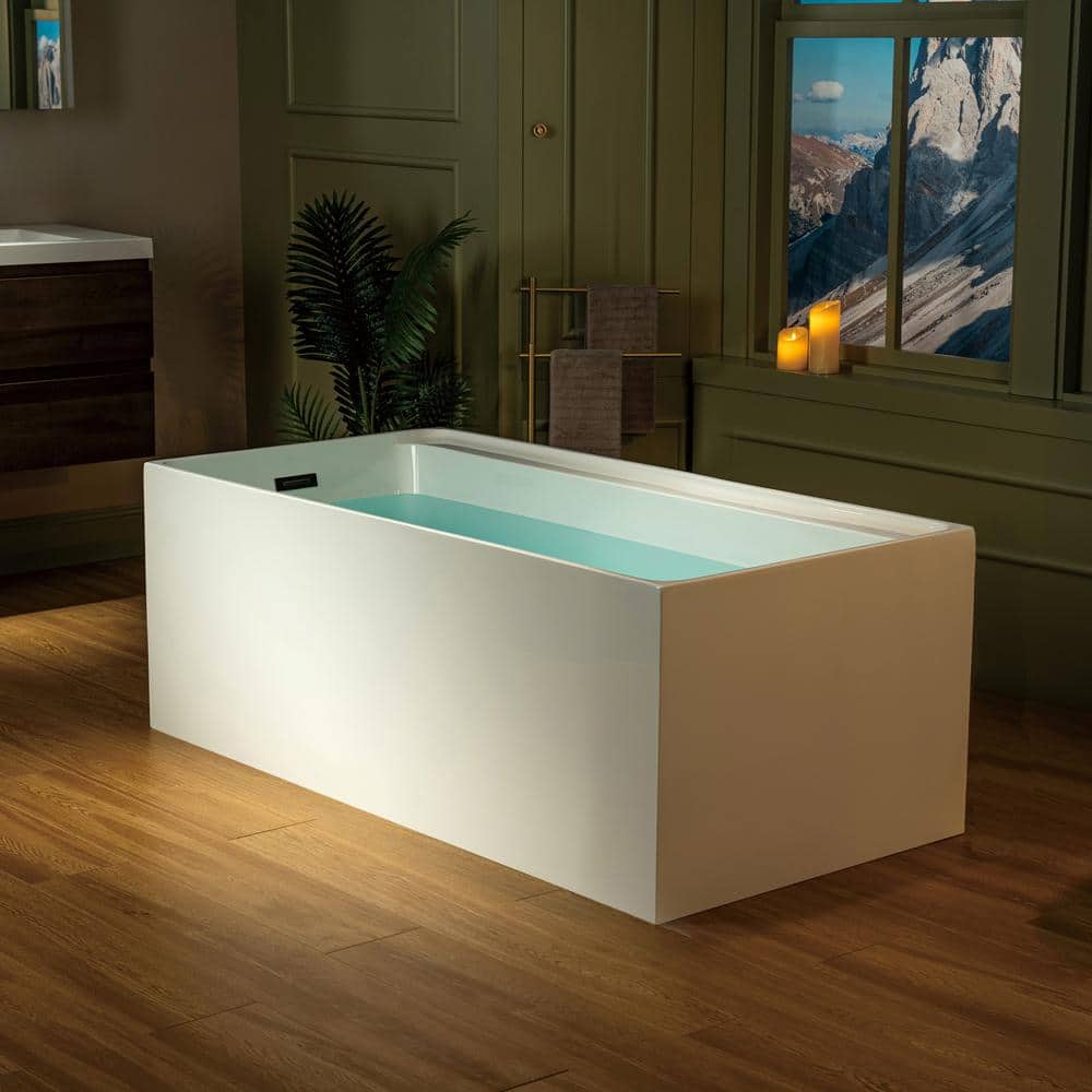 59-Inch White Acrylic Rectangular Freestanding Soaking Bathtub