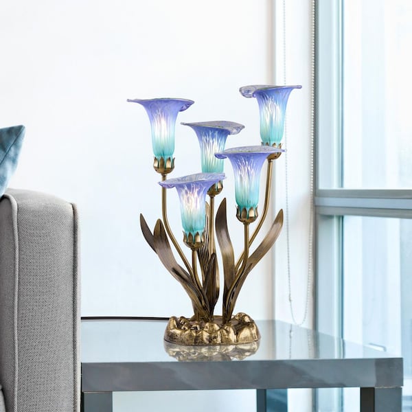 Calla Lilies 5-Light 20 in. Purple/Teal Hand Blown Glass Desk Lamp