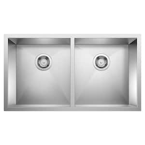 Precision Undermount Stainless Steel 29 in. x 18 in. 0-Hole 50/50 Double Bowl Kitchen Sink in Satin Polished