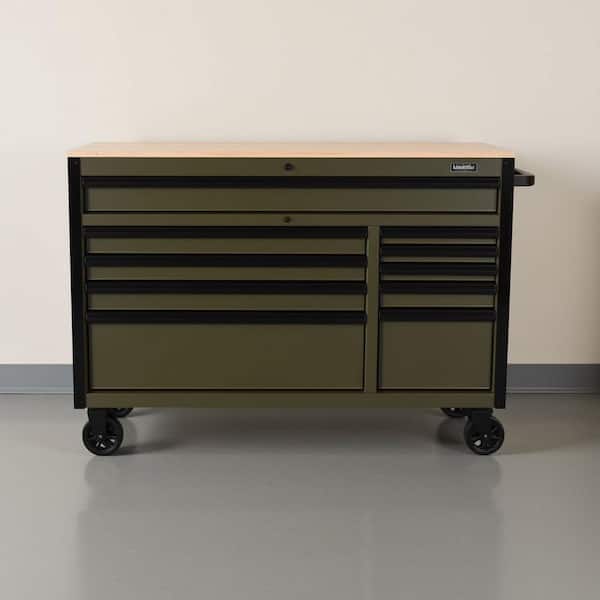 Limited Edition 52 in. x 24.5 in. D 10-Drawer Army Green Mobile Workbench with Solid Wood Top