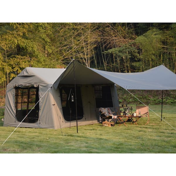 9.8 ft. x 13 ft. Army Green Inflatable Camping Tent with Canopy and Hand Pump