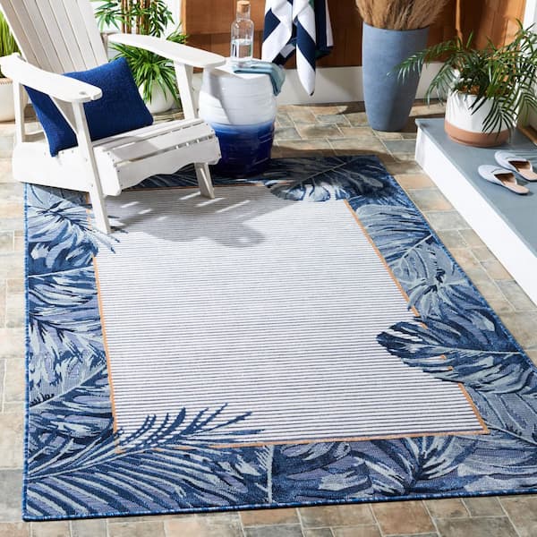 Cabana Ivory/Navy 4 ft. x 6 ft. Striped Leaf Border Indoor/Outdoor Area Rug