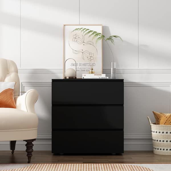 FUFU&GAGA 3-Drawer Black Wood 30 in. W Chest of Drawers Bedside Table Storage Dresser Freestanding Cabinet