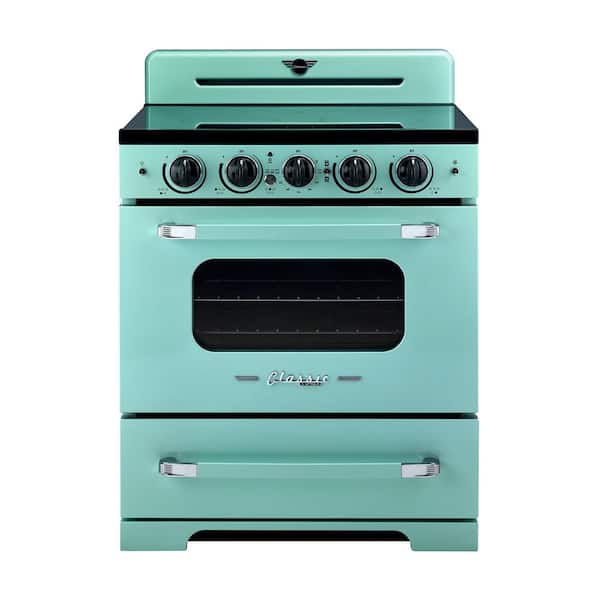 Classic Retro 30 in. 5 Burner Element Freestanding Induction Range Convection Oven and Air Fry in Ocean Mist Turquoise