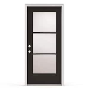 36 in. x 80 in. Right-Hand/Inswing 3 Lite Clear Glass Black Steel Prehung Front Door w/White Int Finish with Brickmould