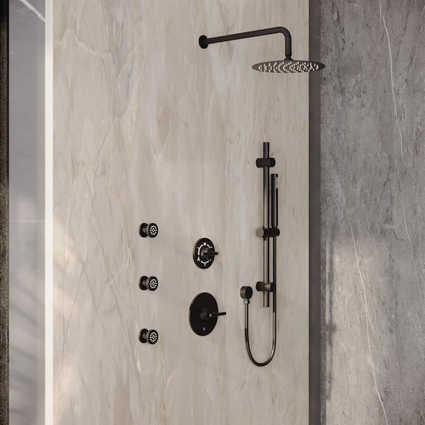 3-Spray Pressure Balanced 10 in. Wall Mount Fixed and Handheld Dual Shower Head 2.5 GPM with 4-Body Jets in Matte Black