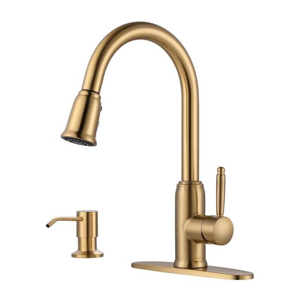 ARCORA Single Handle Pull Out Sprayer Kitchen Faucet Deckplate Included with Soap Dispenser in Brushed Gold