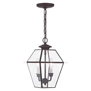 Ainsworth 14 in. 2-Light Bronze Dimmable Outdoor Pendant Light with Clear Beveled Glass and No Bulbs Included