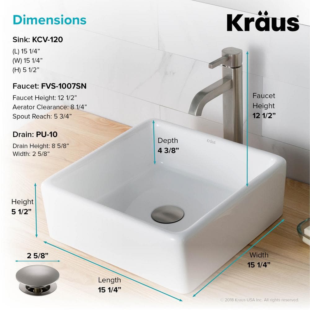 15-inch White Ceramic Square Vessel Sink with Satin Nickel Faucet