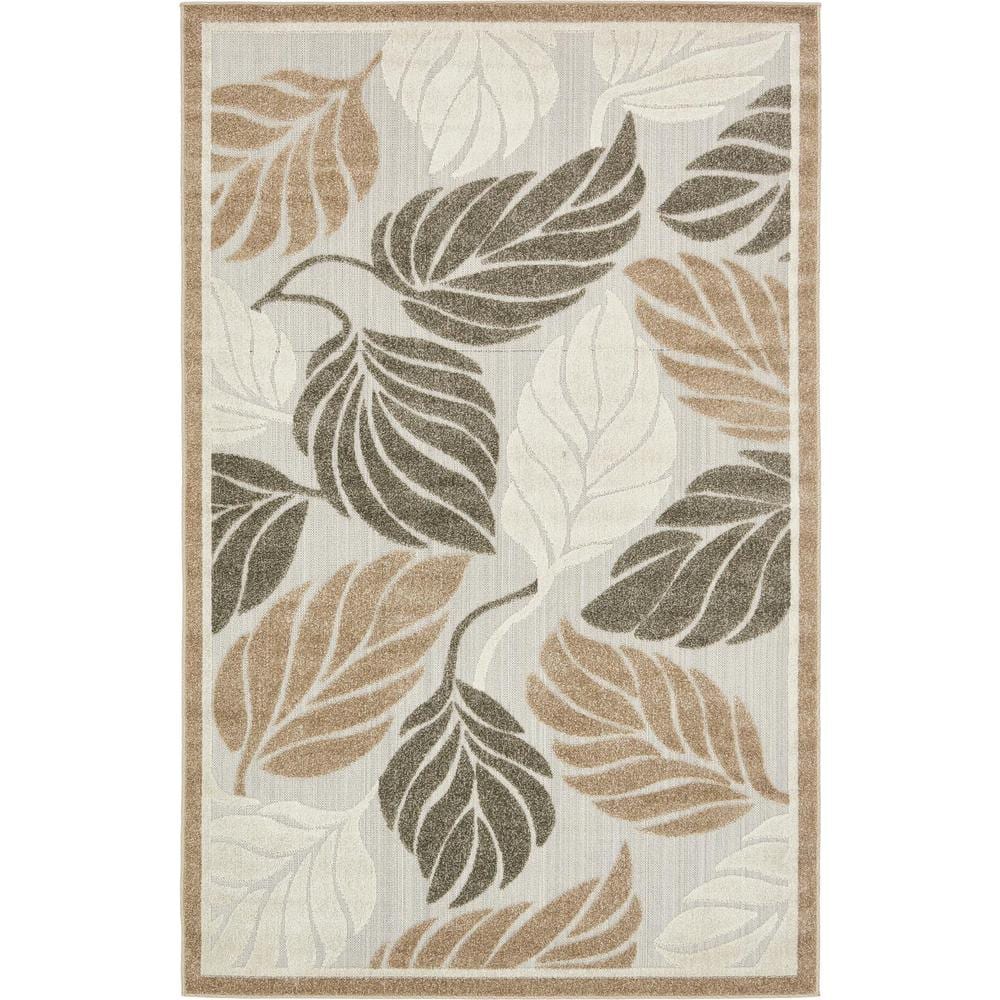 Beige and Brown Synthetic Abstract Outdoor Rectangular Rug