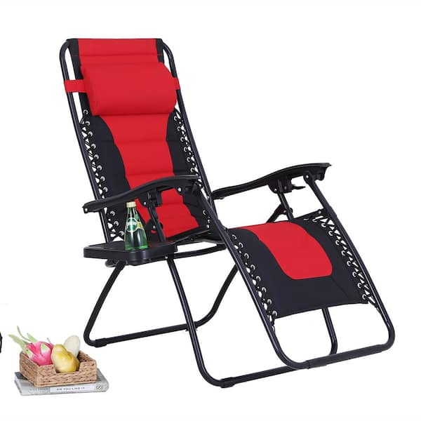 PHI VILLA Black Metal Outdoor Patio Adjustable Recliner Black and Red Padded Folding Zero Gravity Chair with Cup Holder