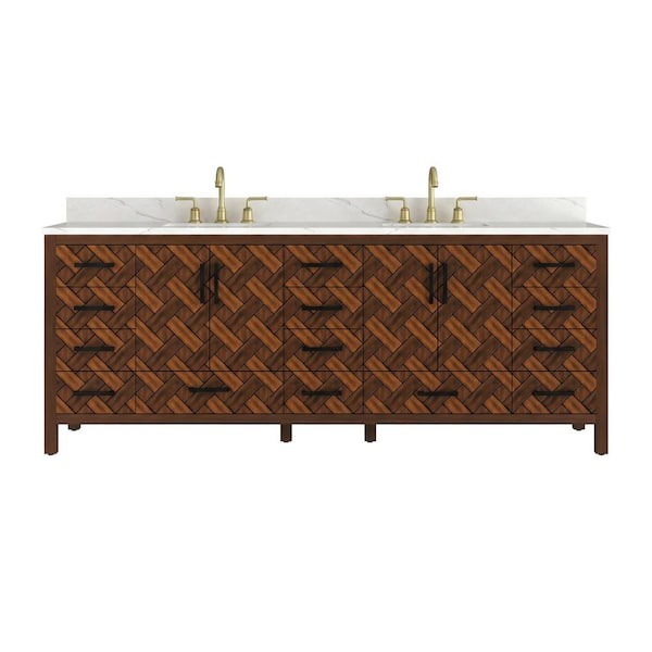 84 in. W x 22 in. D x 34 in. H Freestanding Caramel Woven Brown Bath Vanity with White Engineered Stone Top, Eco Wood