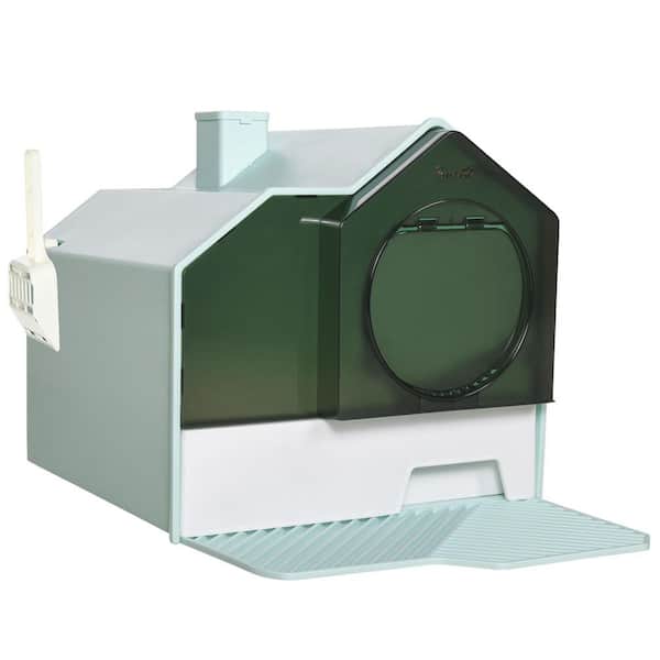 Hooded Cat Litter Box with Kitty Litter Mat, Easy-Clean Pull-Out Drawer, Dog Proof, House Shape Pan, Scoop, Light Blue