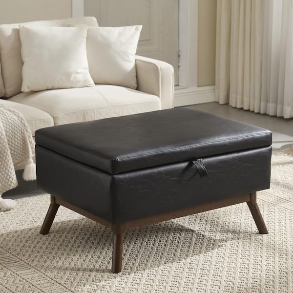 Divine Black 31.5 Faux Leather Mid Century Modern Square Coffee Table Storage Ottoman
