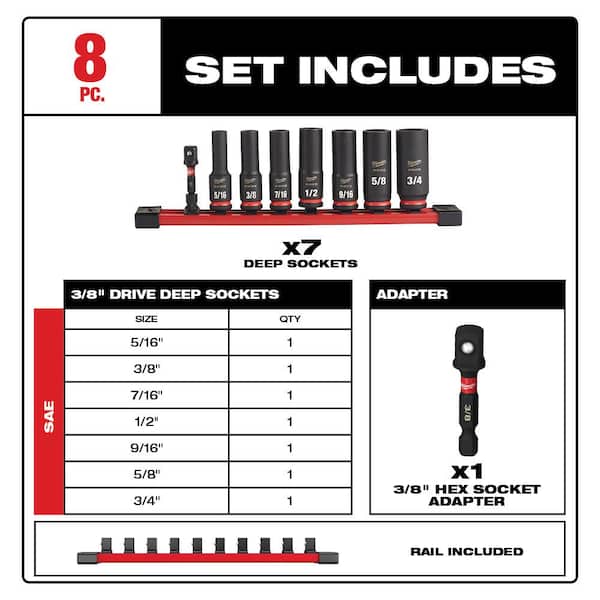 Milwaukee - 3/8 in. Drive Ratchet and SHOCKWAVE Impact Duty 3/8 in. SAE Deep Impact Rated Socket Set (9-Piece)