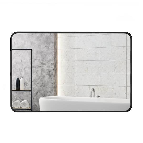 27 in. W x 40 in. H Modern Medium Rounded Rectangular Metal Framed Wall Mounted Bathroom Vanity Mirror in Black