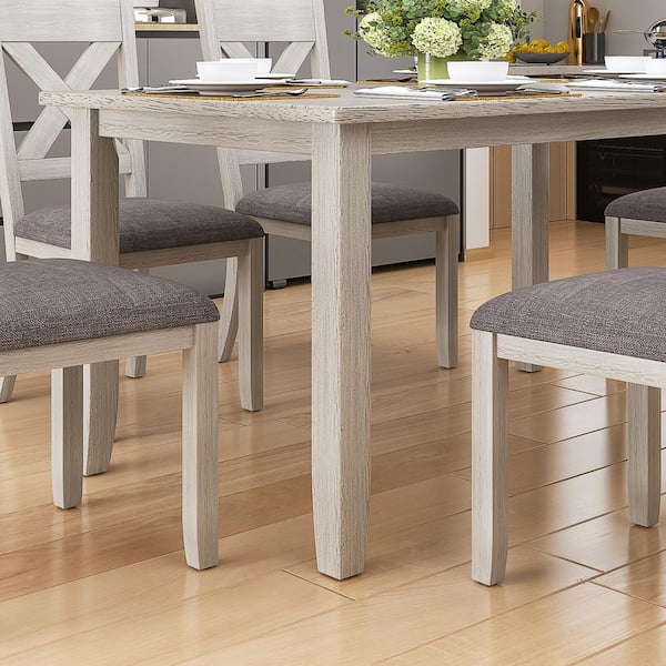 Gray Farmhouse Kitchen Table Set for 6 -7-Piece Wooden Dining Set, Rectangular Table with 6-Upholstered Chairs
