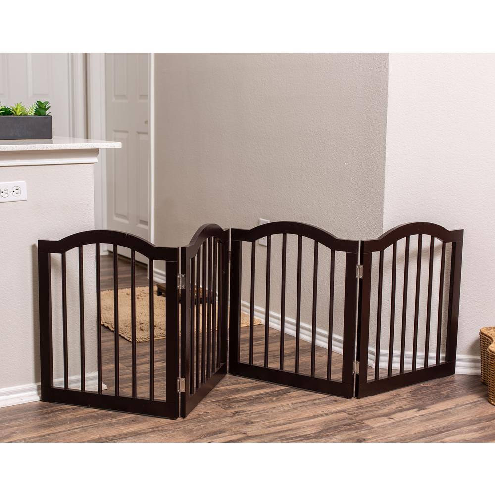 Espresso Arched Top 4-Panel Freestanding Solid Wood Pet Gate