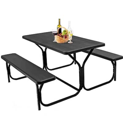 Black Rectangle Metal Picnic Table Bench Set with Extension