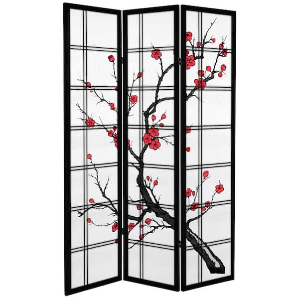 Homestyle4u 2007 Wood 6 Panel Room Divider Black Folding Screen Movable Partition Shoji Paper Cherry Blossom