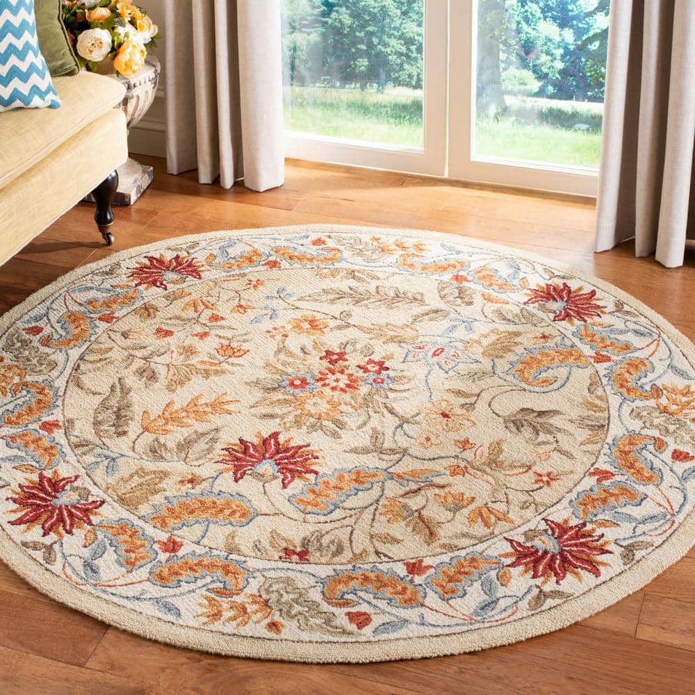 Ivory Floral Handmade Tufted Wool Round Rug 36"