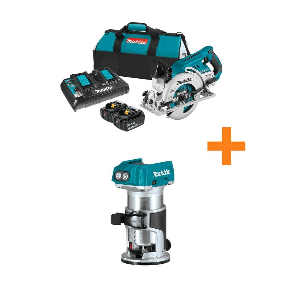 18V X2 LXT 5.0Ah (36V) Brushless Rear Handle 7-1/4 in. Circular Saw Kit with bonus 18V LXT Brushless Compact Router -  Makita, XSR01PT-XTR01Z