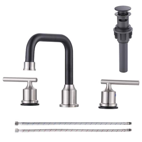 8 in. Widespread Double Handle High Arc Bathroom Faucet with Drain Kit Included in Brushed Nickel and Black