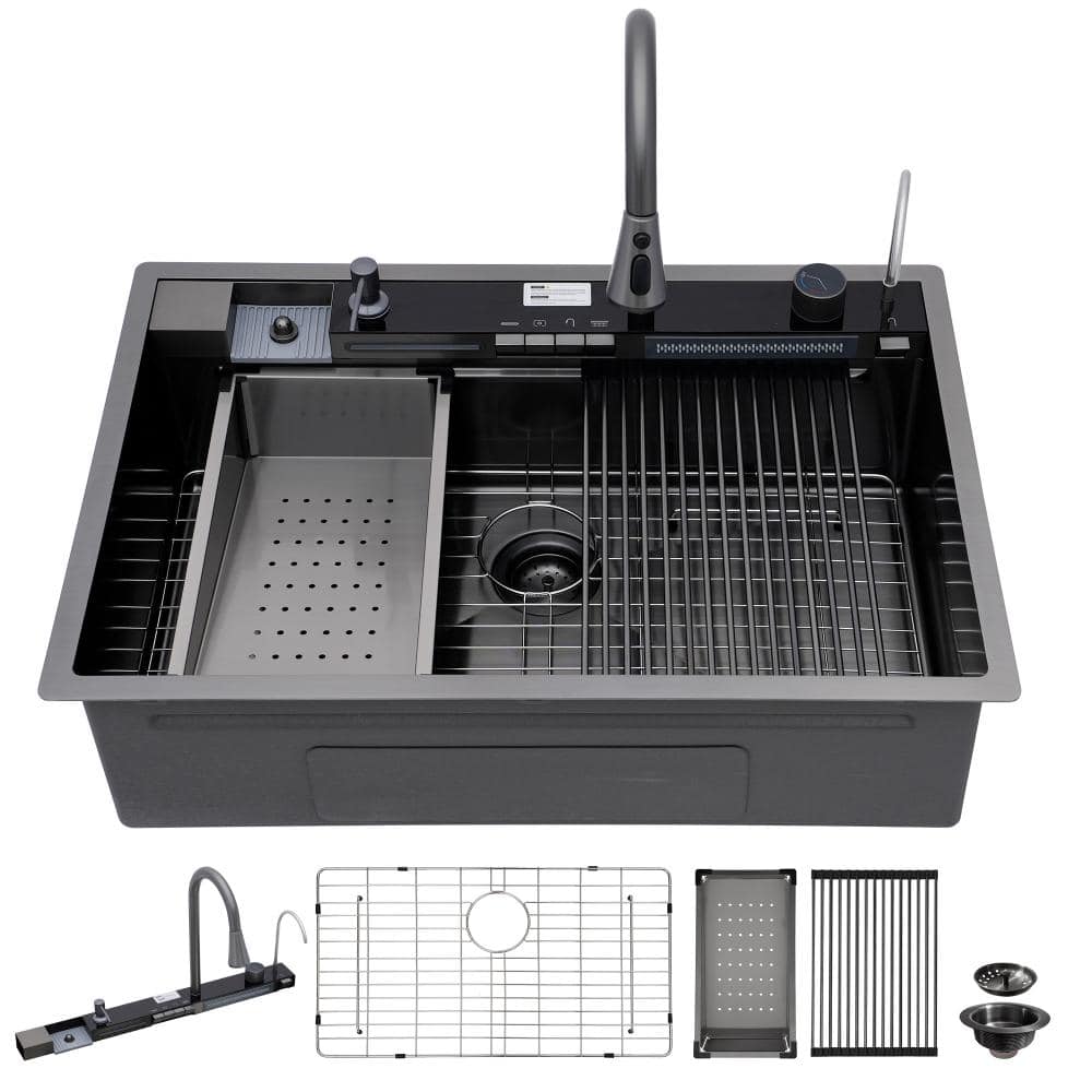 "33""x 22"" Gunmetal Black Stainless Steel Drop-In Smart Display Workstation Kitchen Sink with Waterfall Faucet,Cup Rinser" price history on PriceWatchPro
