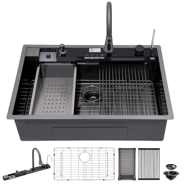 33"x 22" Gunmetal Black Stainless Steel Drop-In Smart Display Workstation Kitchen Sink with Waterfall Faucet,Cup Rinser