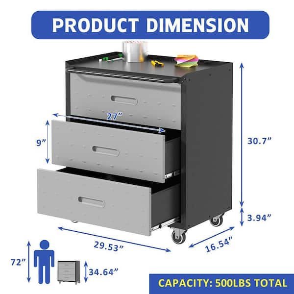 CSC DECOR INC Black/Gray 35 in. H 3-Drawer Tool Cabinet for Garage