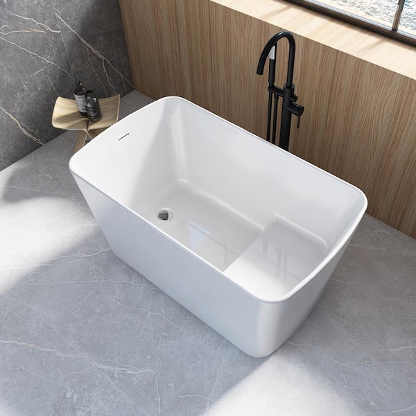 MEDUNJESS Bina 49 in. x 28 in. Small Acrylic Flatbottom Freestanding Japanese Soaking Bathtub in White with Seat