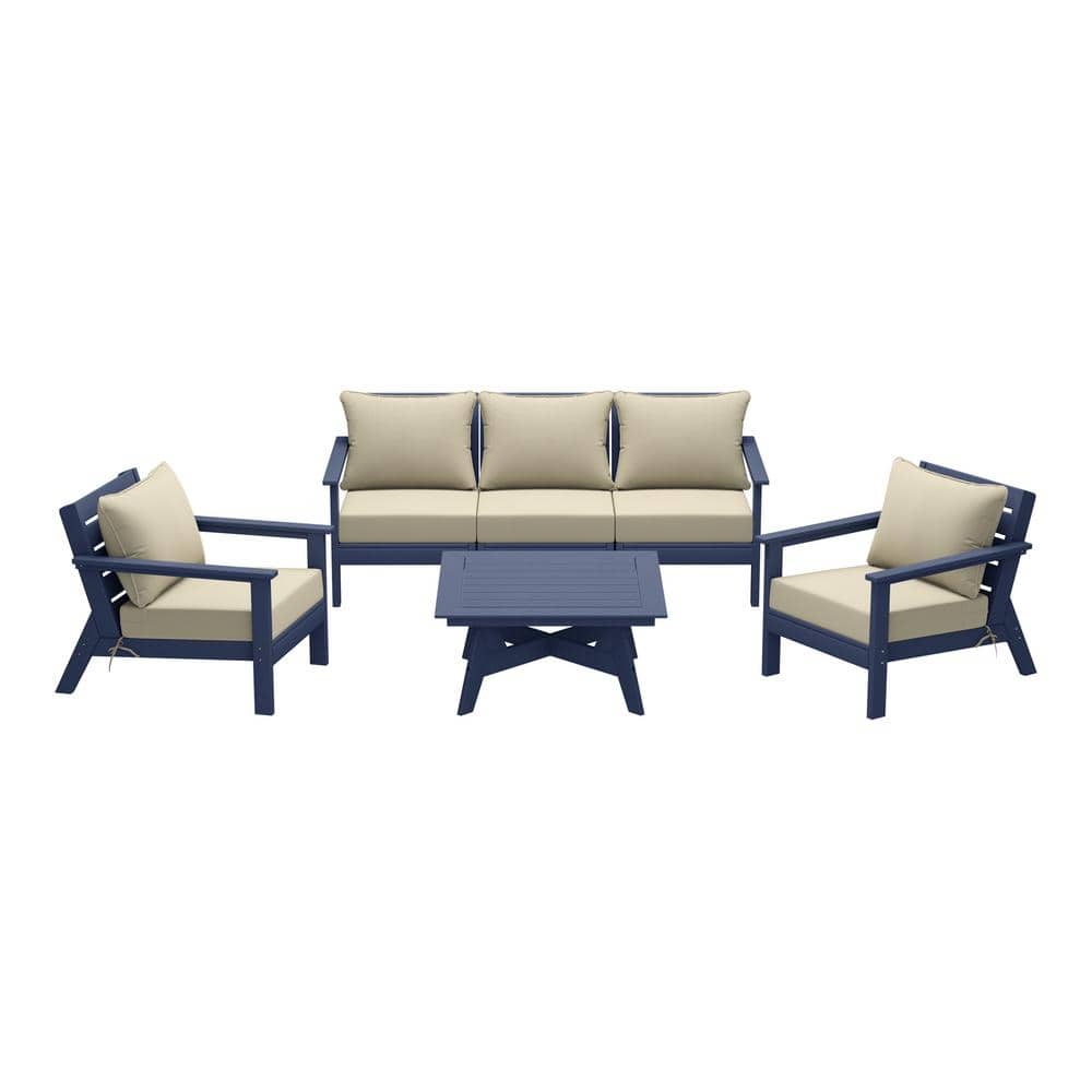 Birchwood Navy Blue Arrangeable 6-Piece Outdoor Patio HDPE Deep Seating Conversation Sofa Set w/ Beige Cushions price history on PriceWatchPro