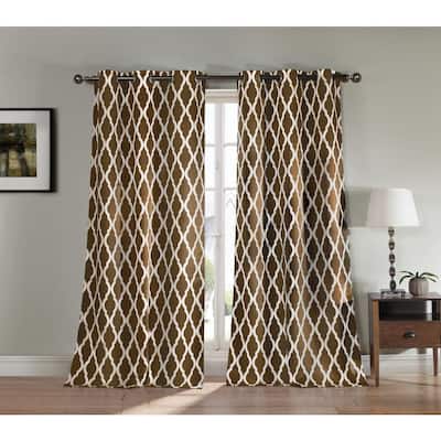 Geometric Chocolate Polyester Blackout Grommet Window Curtain 38 in. W x 112 in. L (2-Pack)