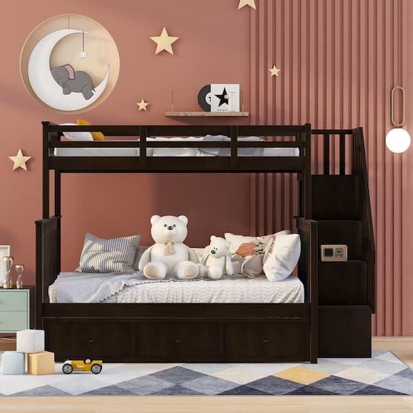 Twin Over Full Bunk Bed with Drawer, Wooden Bunk Bed Frame with Storage Stairway and Guard Rail for Kids, Espresso