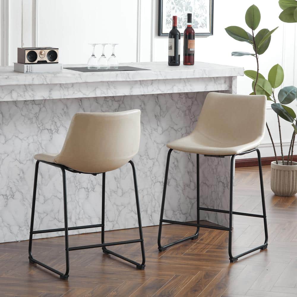 Cream Faux Leather and Black Steel Armless Counter Stools, Set of 2