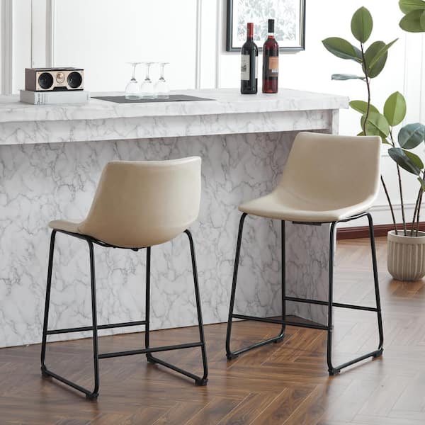 Noble House 24.25 in. Black Metal Bar Stool with Cream Faux Leather Seat