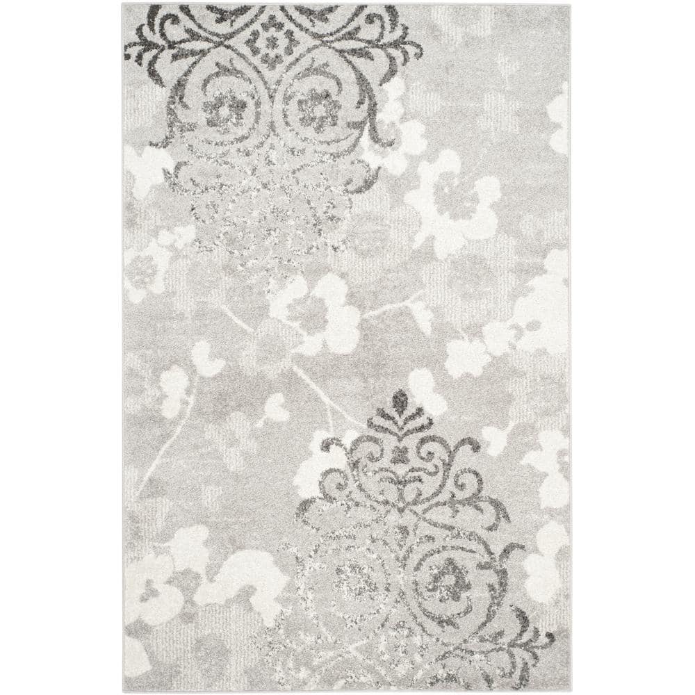 Silver and Ivory Floral Reversible 4' x 6' Synthetic Rug