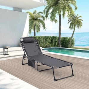 2-Piece Black Metal Outdoor Adjustable and Reclining Tanning Chaise Lounge with Black Seat, Pillow and Side Pocket