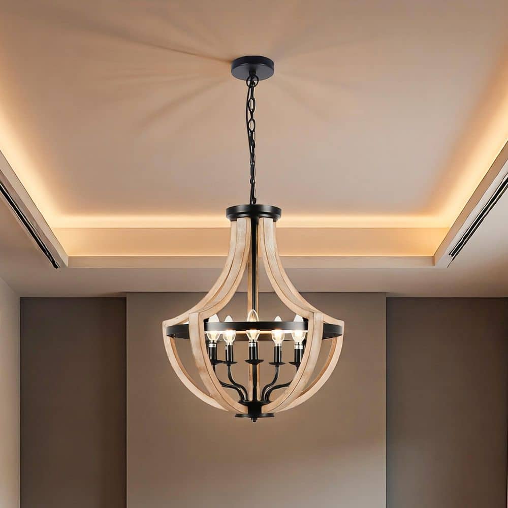19 in. 5-Light Matte Black Finish and Walnut Fixture Color Pendant Light for Kitchen with No Bulbs included price history on PriceWatchPro
